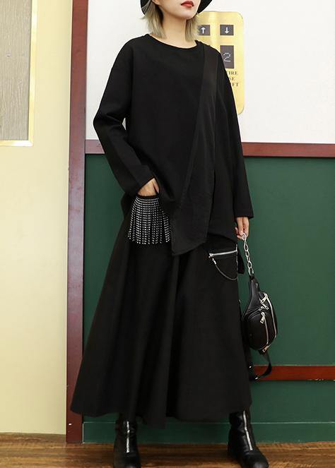 Asymmetric Cotton Linen Tops Black Shirts O Neck Patchwork