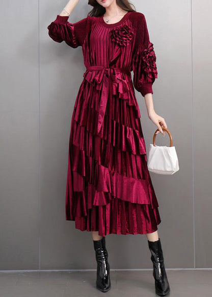 Boutique Mulberry O-neck Tie Waist Maxi Dresses Bracelet Sleeve