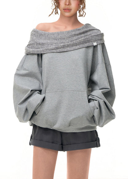 Grey Cold Shoulder Patchwork Cotton Sweatshirt Fall