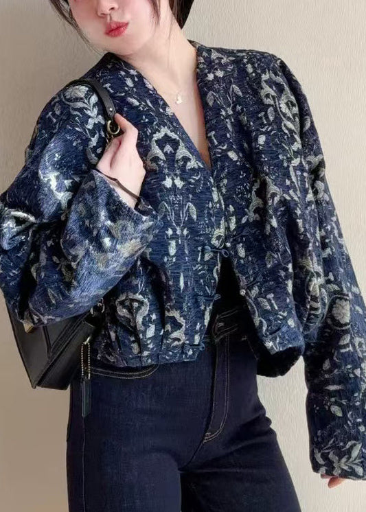 Blue V Neck Button Print Cotton Short Coats Fall
