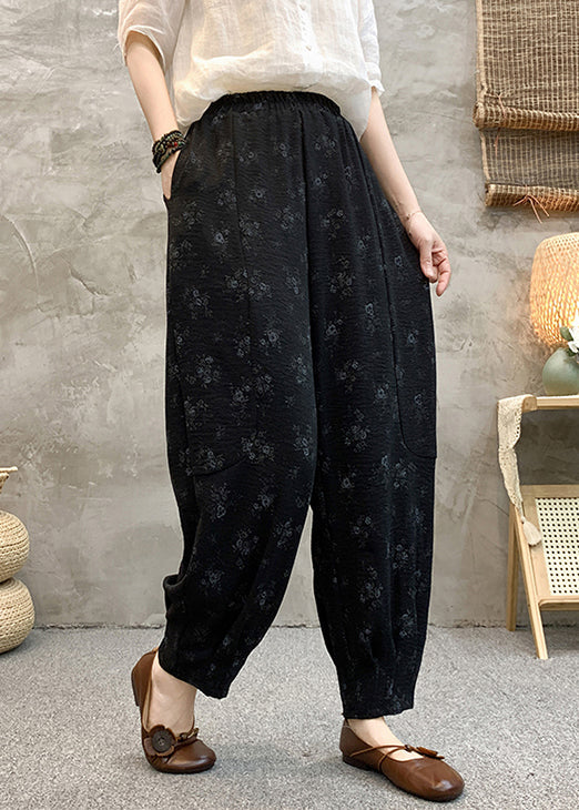 Black Print Elastic Waist Cotton Crop Pants Summer