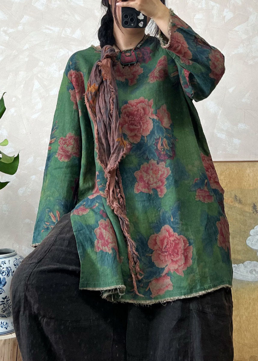 Loose Green O Neck Print Linen Top Long Sleeve