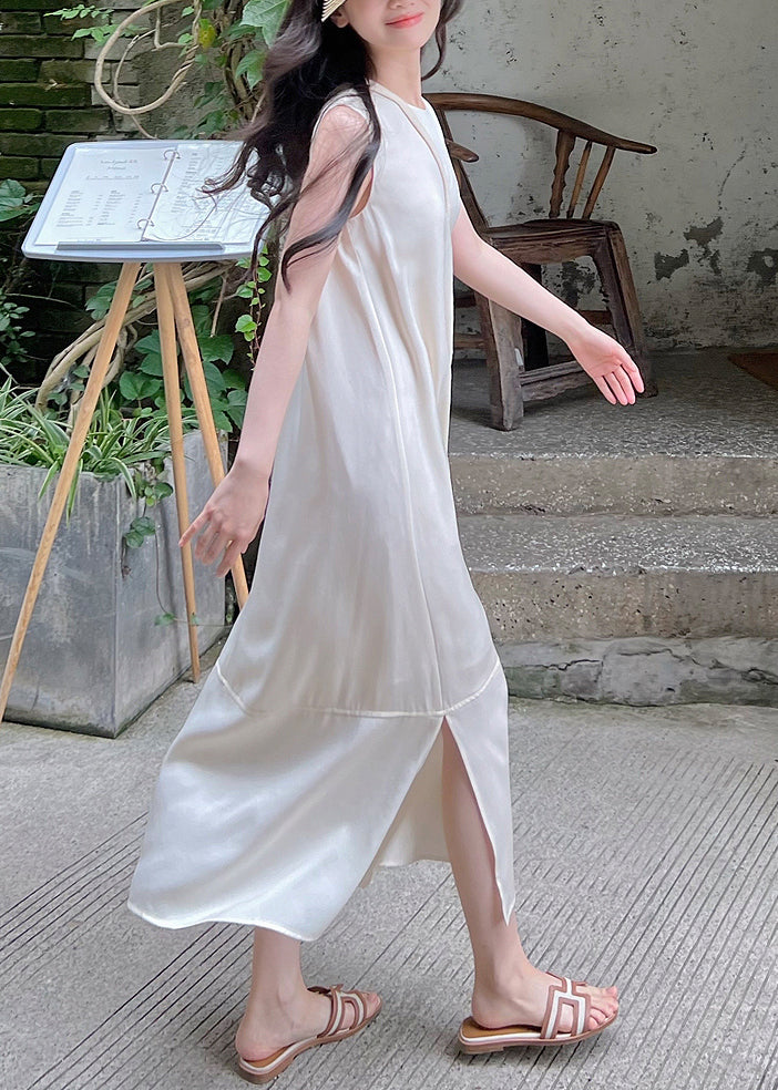 White O-neck Side Open Silk Long Dress Sleeveless