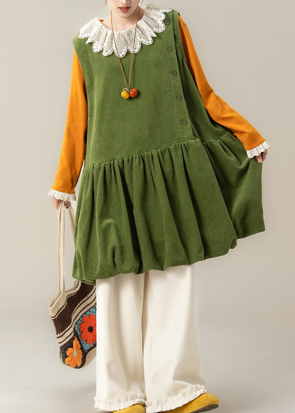 Green Oversized Corduroy Mid Dress Spring