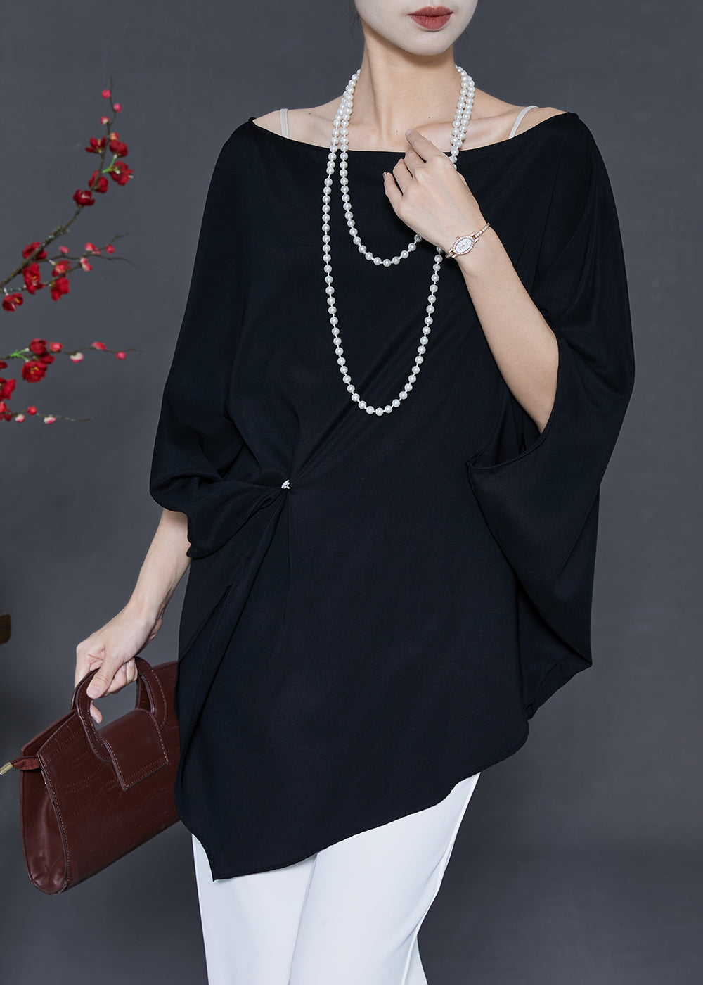 Black Asymmetrical Chiffon Shirts Batwing Sleeve