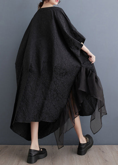 Black Tulle Patchwork Maxi Asymmetrical Dress Batwing Sleeve