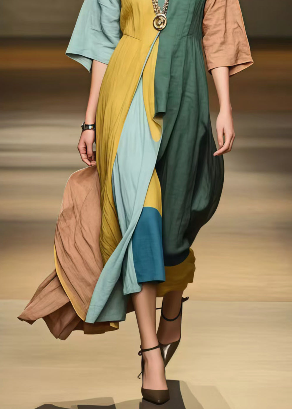 Style Asymmetrical Patchwork Applique Cotton Long Dress Half Sleeve