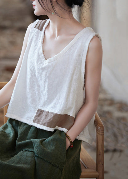 White V Neck Patchwork Linen Shirt Top Sleeveless