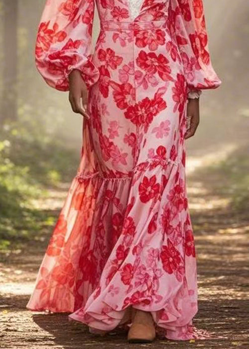 Red V Neck Print Ruffled Chiffon Long Dress Spring