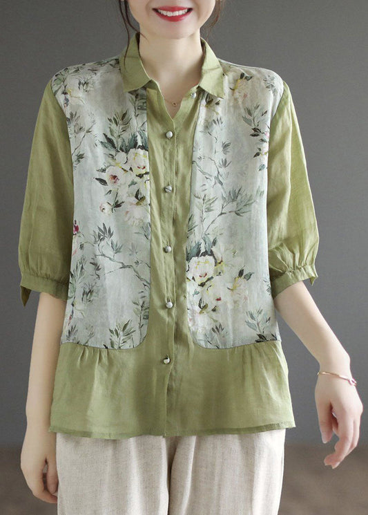 Green Peter Pan Collar Print Linen Top Summer