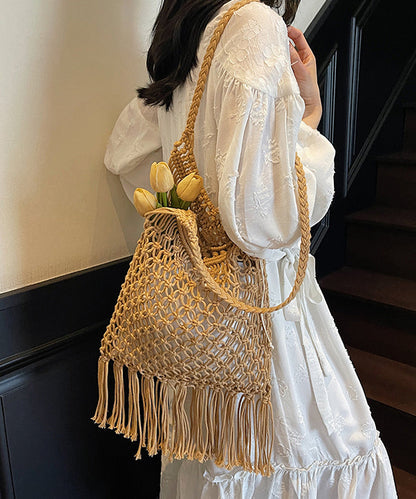 Khaki Tasseled Hollow Out Knit Shoulder Bags