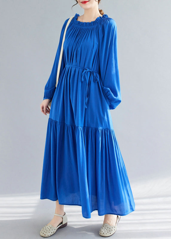 Blue O-neck Ruffled Patchwork Chiffon Maxi Dress Spring