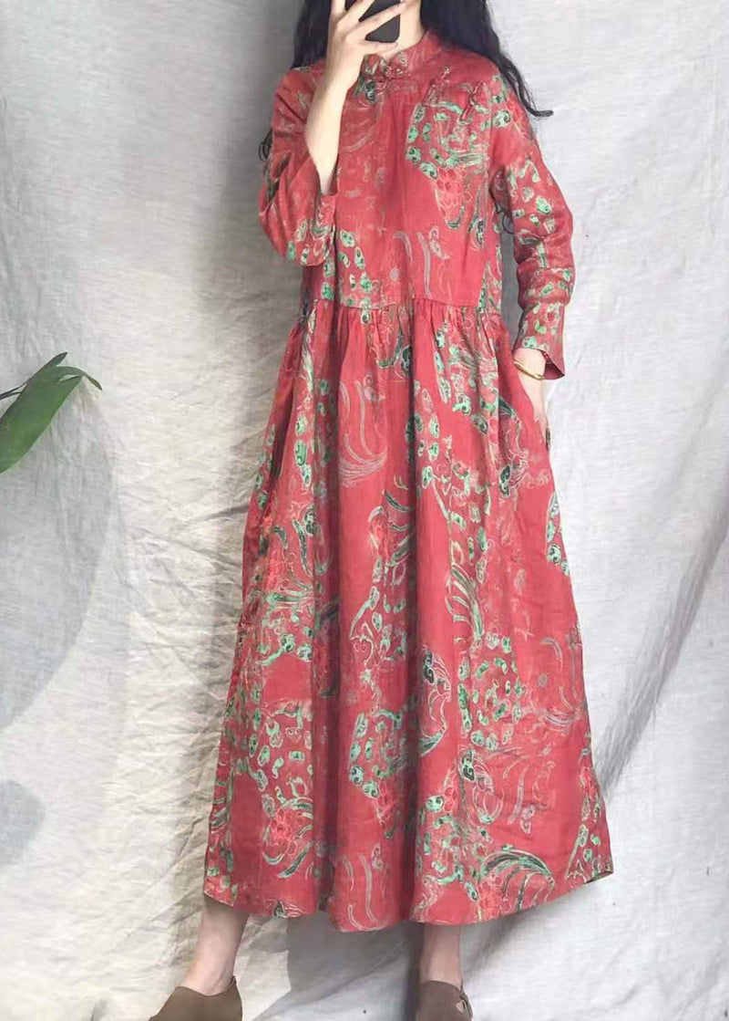 Red Cinched Stand Collar Print Linen Long Dresses Spring