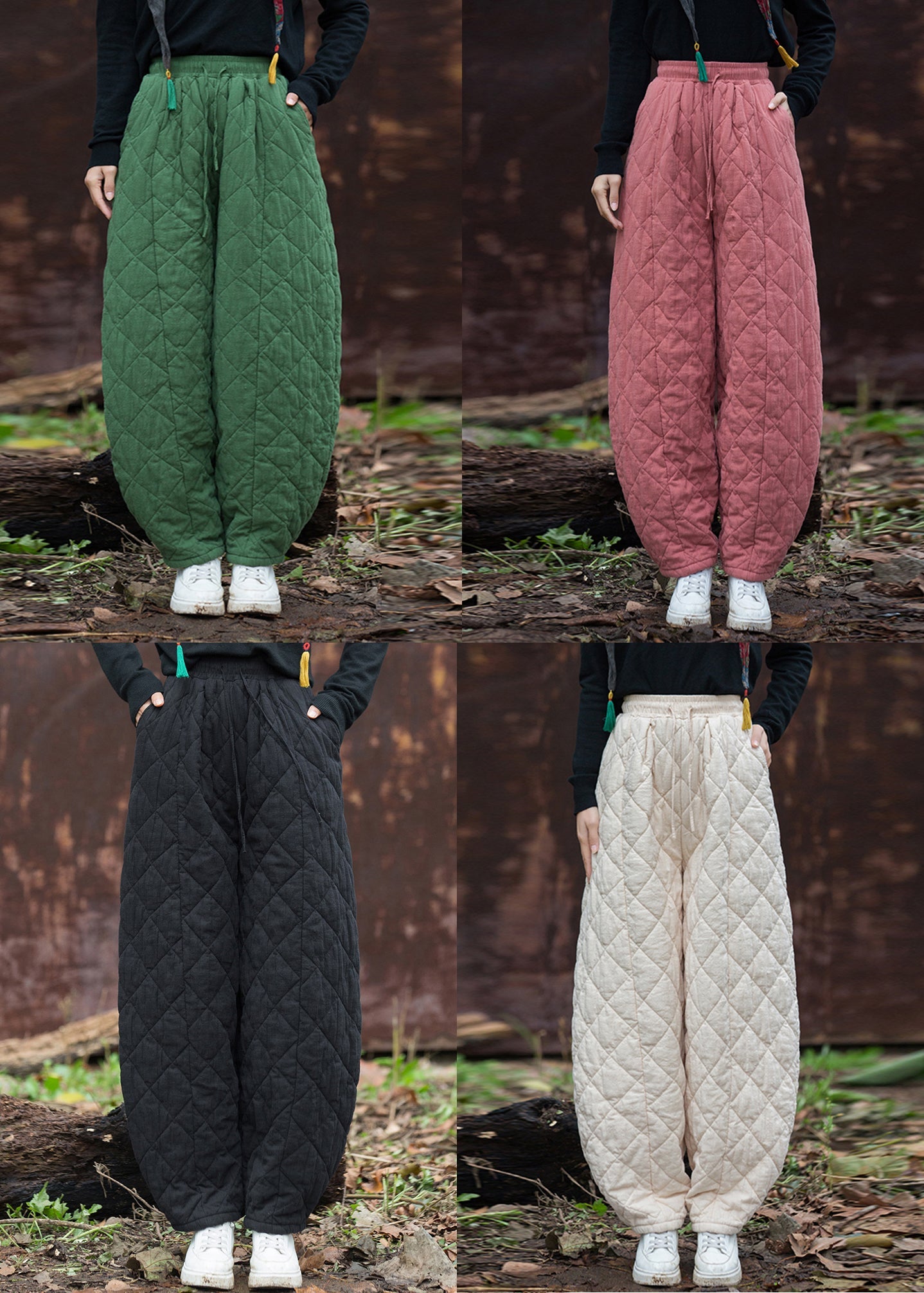 Beige Original Design Pockets Cotton Filled Pants Elastic Waist