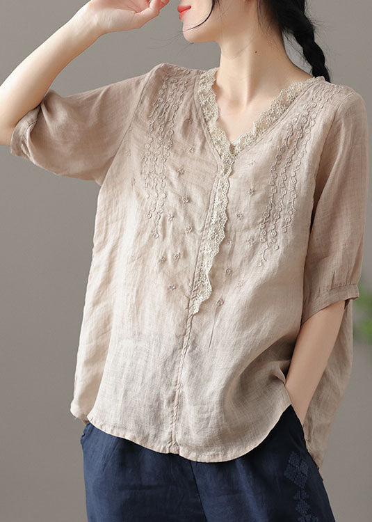 Khaki Embroidered Lace Patchwork Linen Shirt Half Sleeve