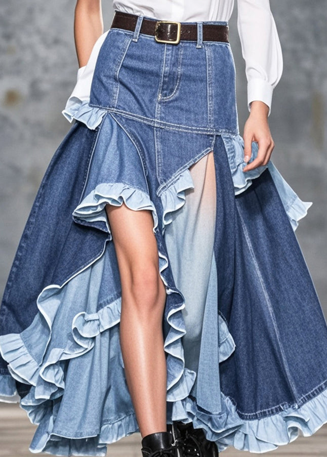 Blue Ruffled Patchwork Low High Design Denim Skirts Spring