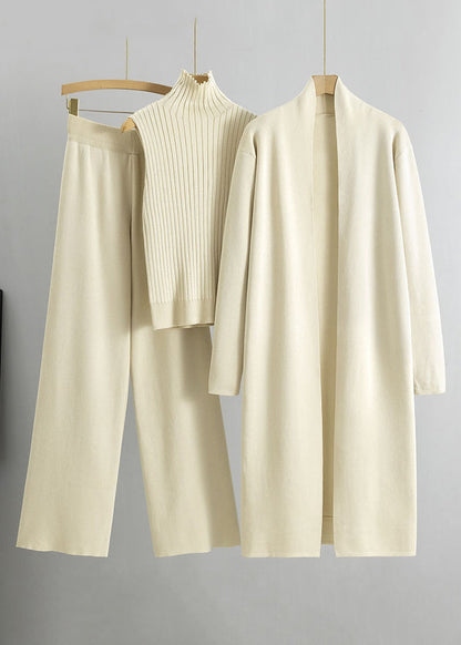 Autumn New Caramel Knitted Cardigan and High Neck Sweater and Wide Leg Pants Three Piece Set