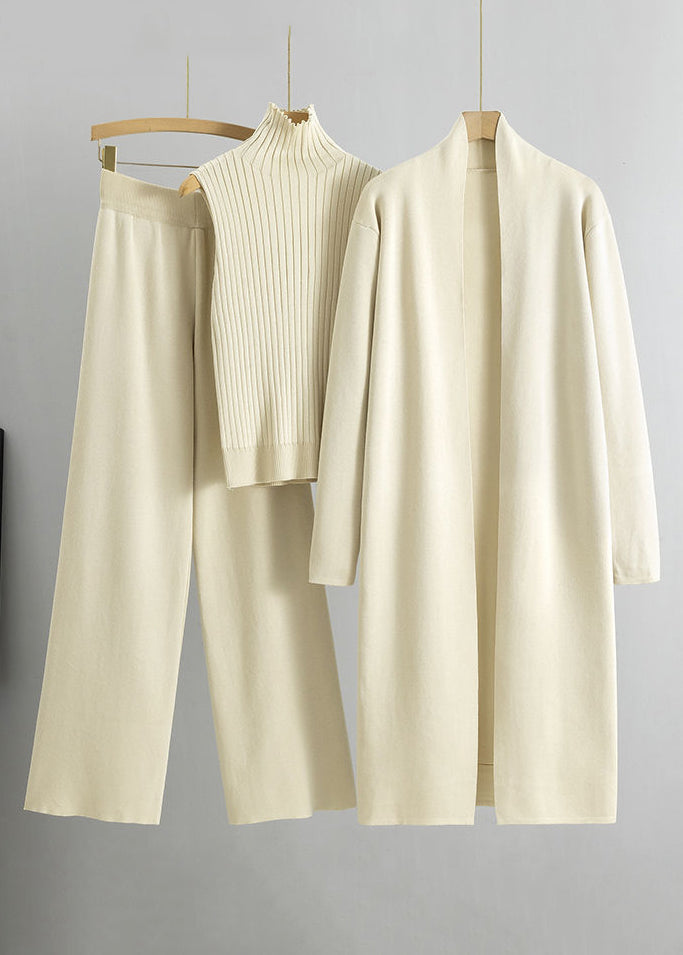 Autumn New Caramel Knitted Cardigan and High Neck Sweater and Wide Leg Pants Three Piece Set