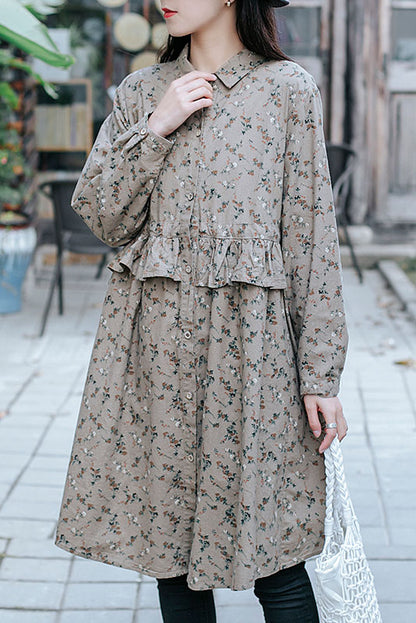 Spring New Retro Cotton and Linen Long-sleeved Printed Shirt Loose Top Dress