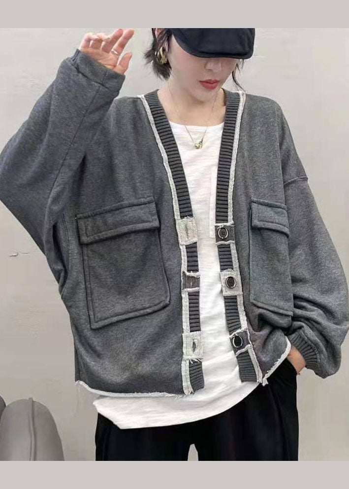 Grey Button V Neck Pockets Coats Spring