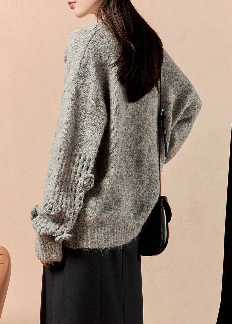 Grey V Neck Hollow Out Knit Sweater Winter
