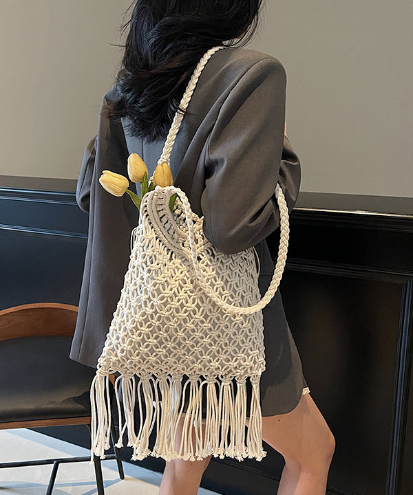 Khaki Tasseled Hollow Out Knit Shoulder Bags