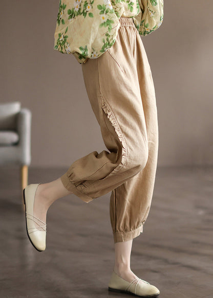 Pink Pockets Linen Crop Pants Elastic Waist