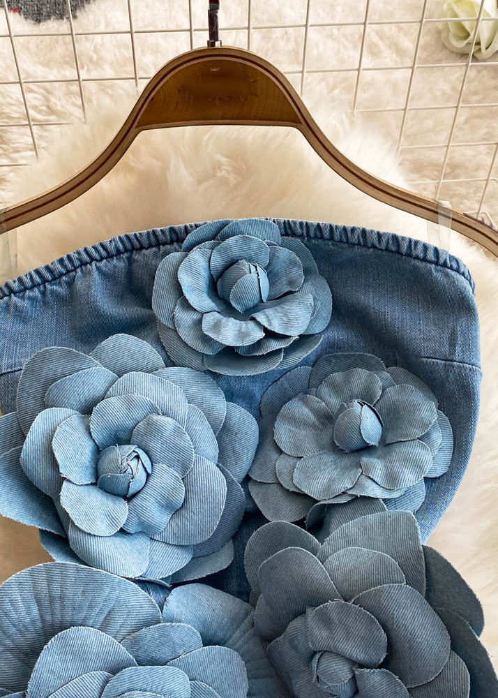 Blue Slash Neck Denim Mid Dresses Summer