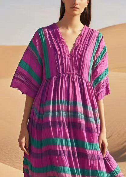 Purple V Neck Striped Cotton Day Dresses Summer