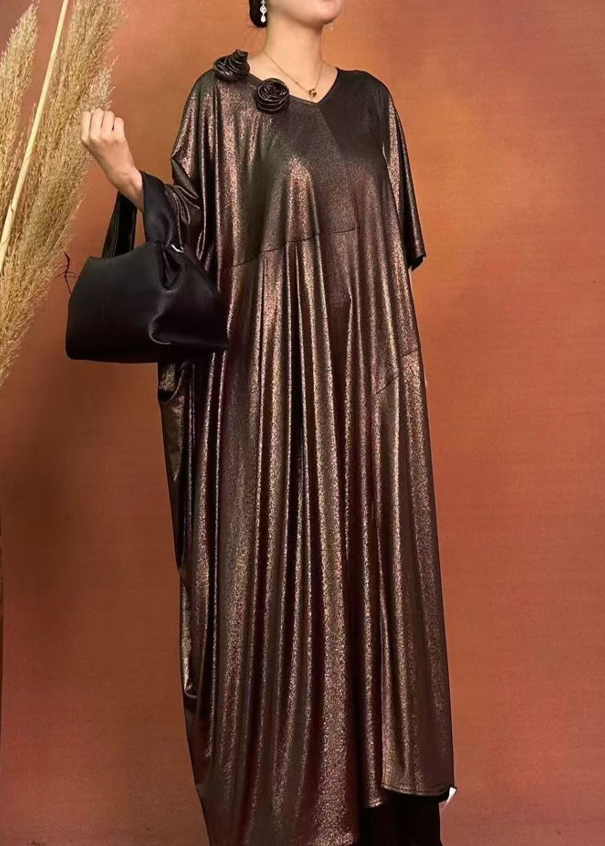 Loose Brown O-neck Patchwork Silk Maxi Dresses Spring