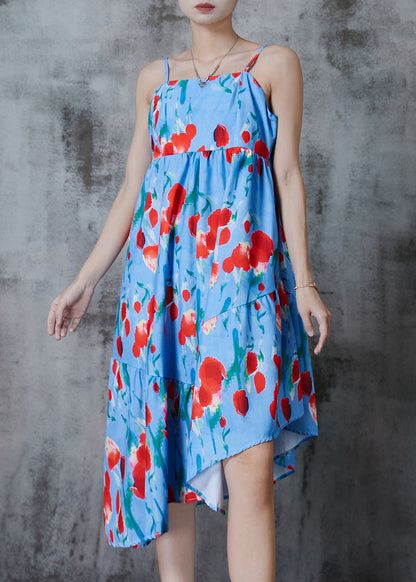 Blue Asymmetrical Print Cotton Summer Dress