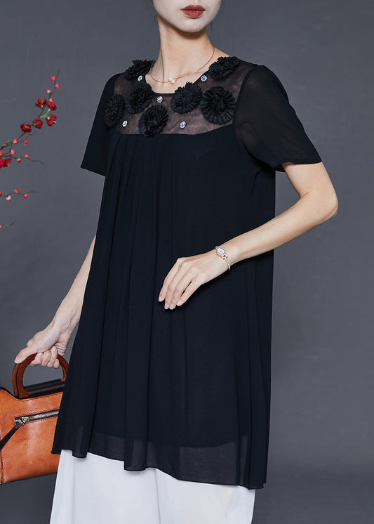 French Black Patchwork Chiffon Mini Dress Summer