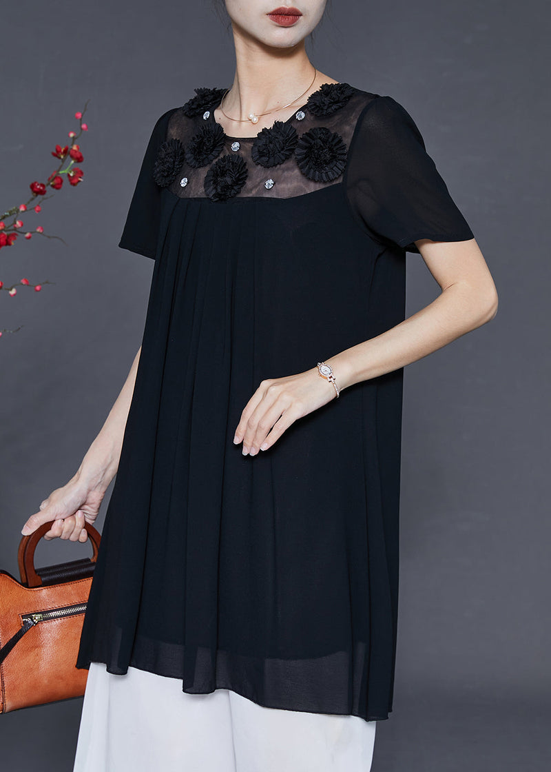 French Black Patchwork Chiffon Mini Dress Summer
