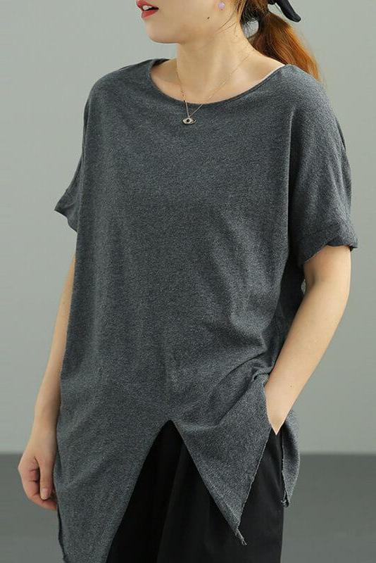 Pure Color O Neck Split Hem T-shirt