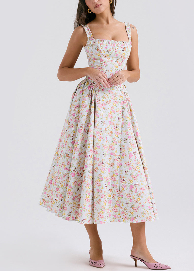 Fine Print Wrinkled Cotton Spaghetti Strap Dress Summer