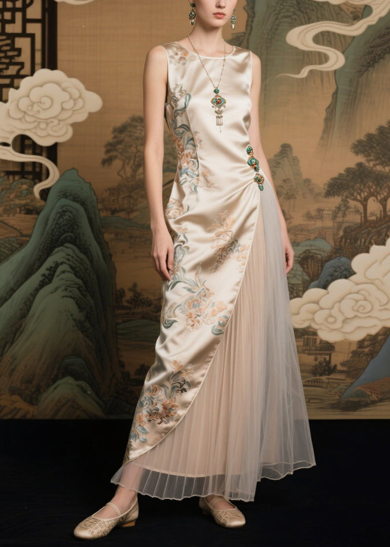 Champagne Jacquard Tulle Patchwork Silk Dresses Sleeveless