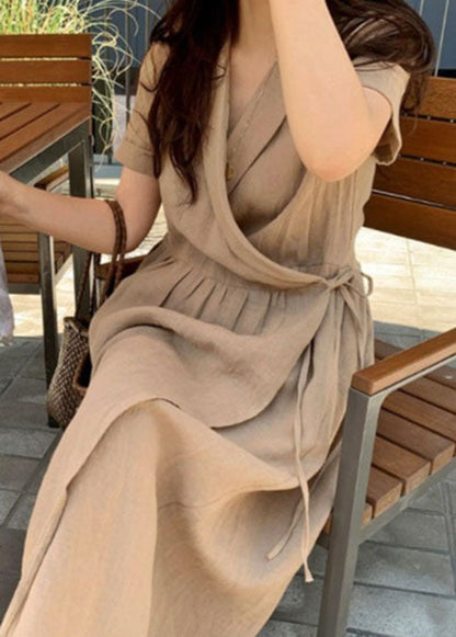 Khaki Peter Pan Collar Patchwork Linen Long Dress Short Sleeve