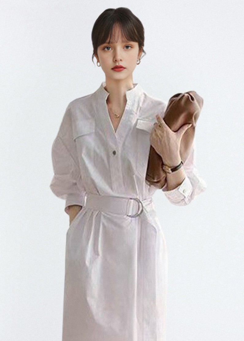 White V Neck Tie Waist Cotton Shirts Dress Fall