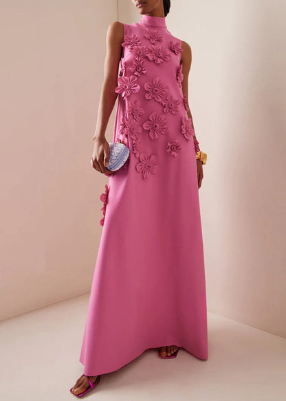 Summer Pink Stand Collar Bow Flower Dress Summer