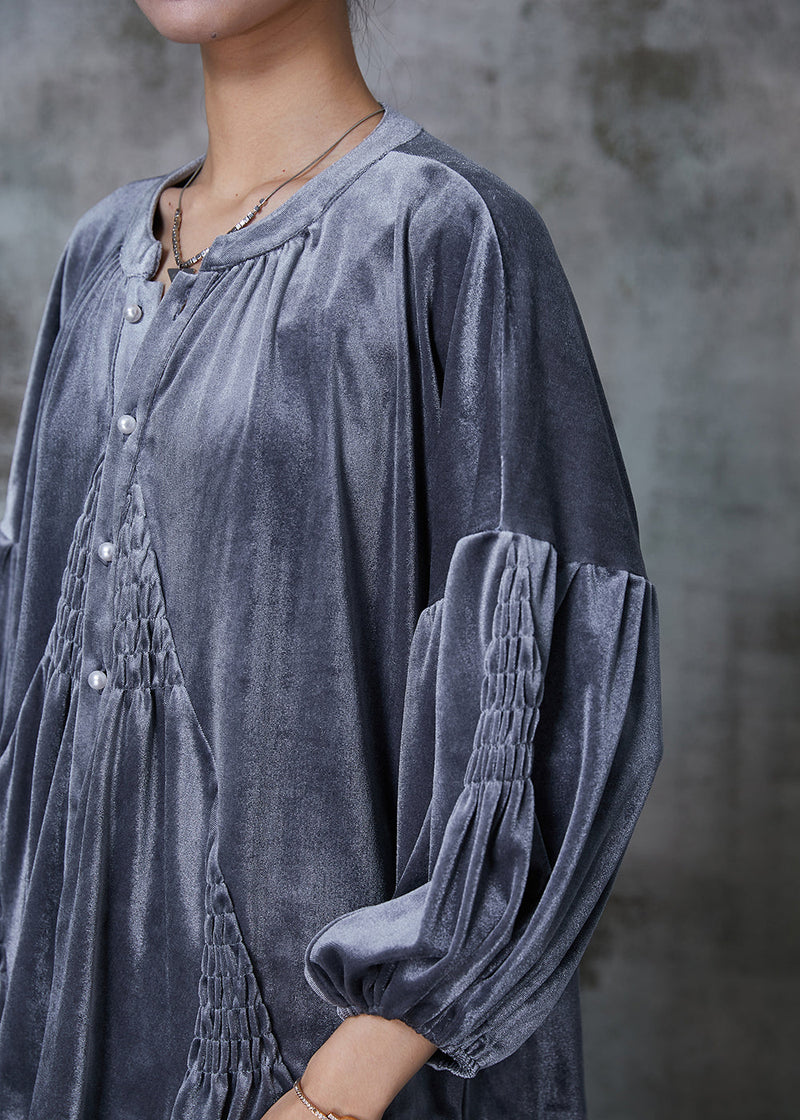 French Grey Oversized Wrinkled Silk Velour Top Spring
