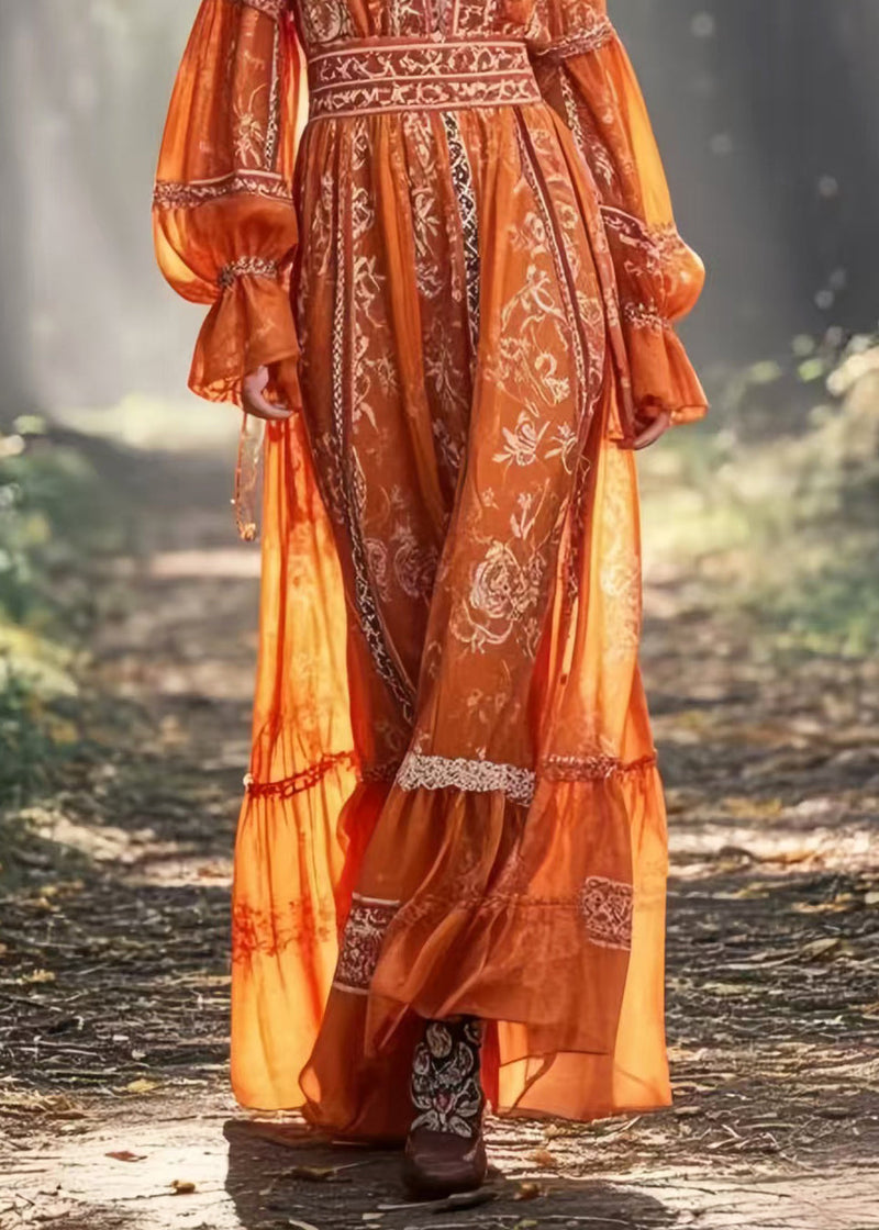 Italian Orange Cinched Print Chiffon Holiday Dress Spring