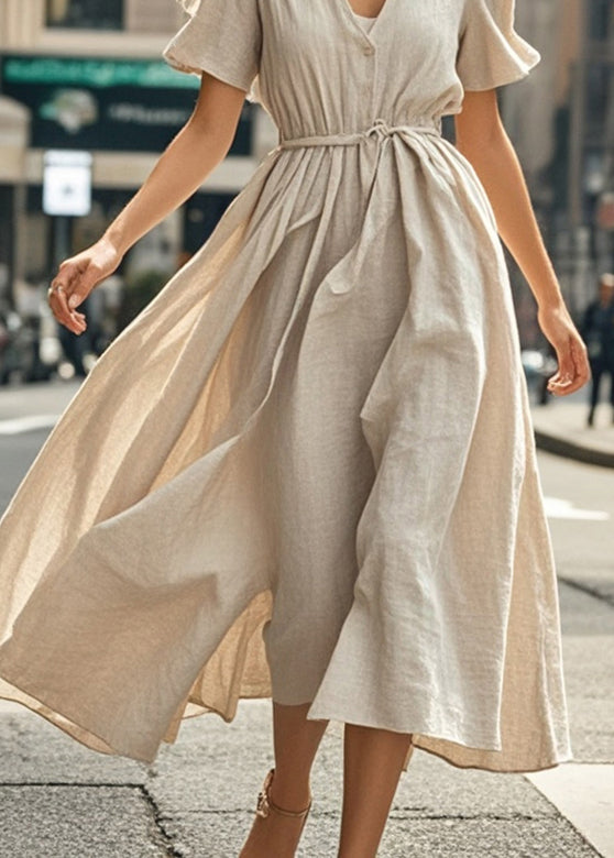 Beige V Neck Exra Large Hem Cotton Ankle Dress Summer