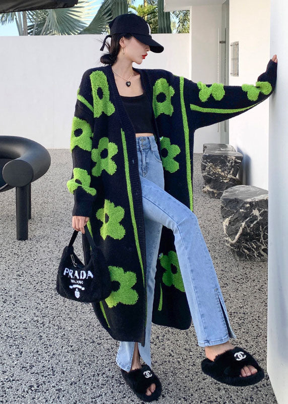 Black Green Print Knit Coats Spring