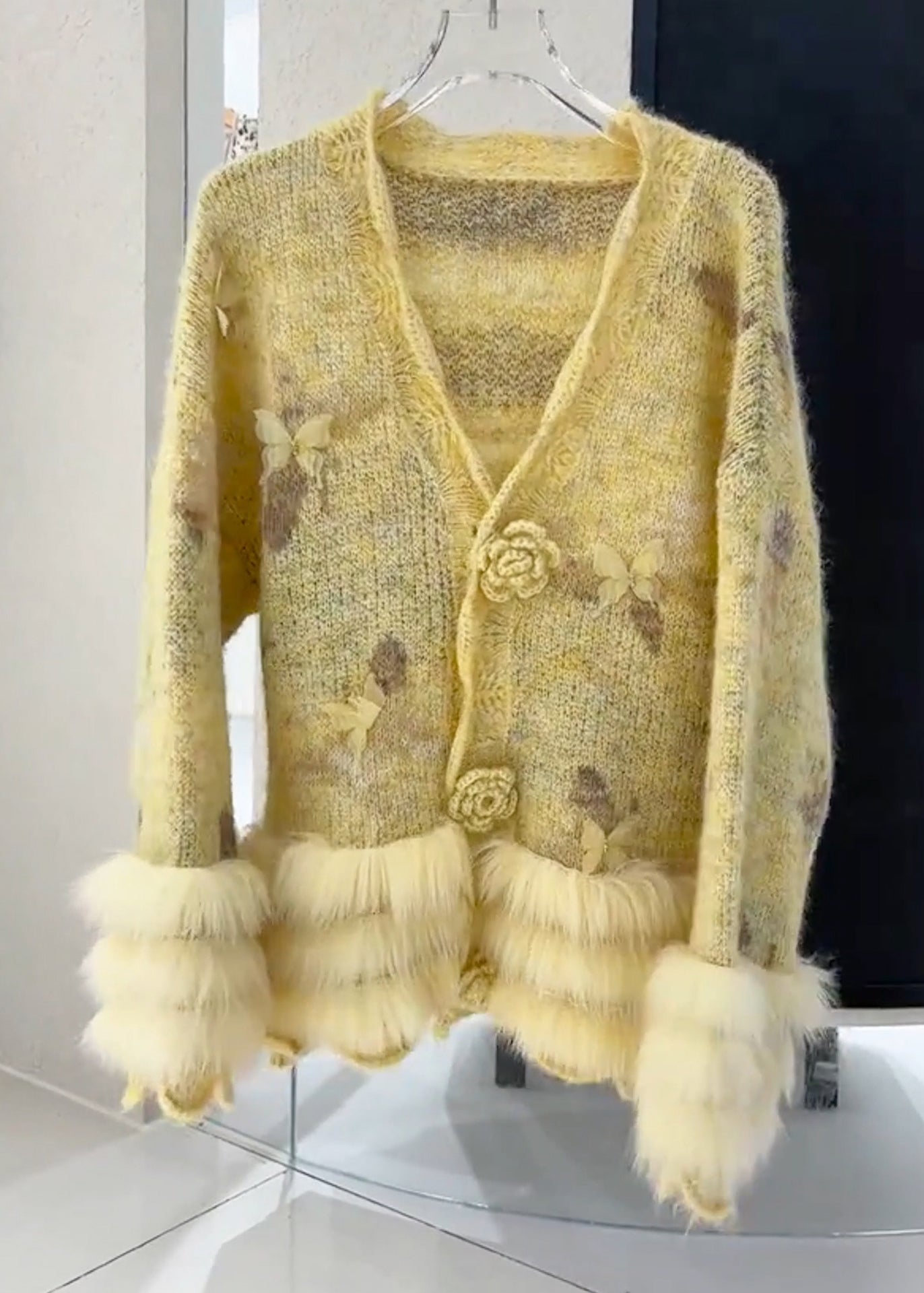 Yellow Fur Cotton Knit Cardigans Spring