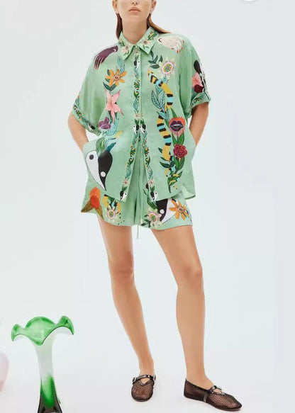 Green Print Elastic Waist Shirts and Shorts Linen Two Piece Set Summer