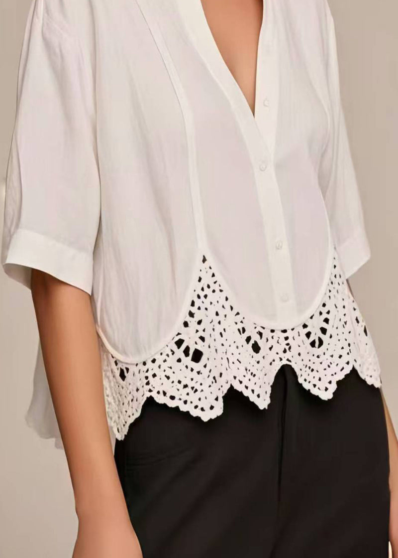 White V Neck Patchwork Lace Short Shirt Summer