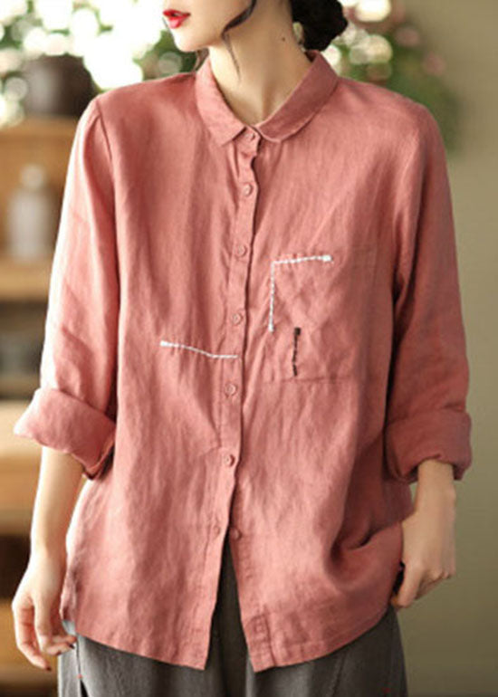 Black Peter Pan Collar Patchwork Linen Blouses Spring