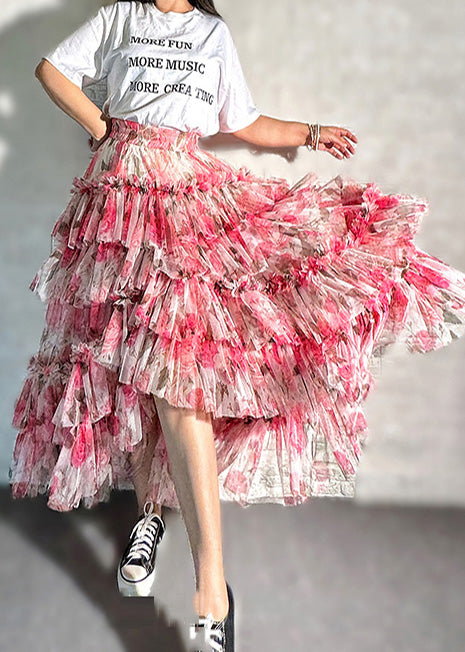 Red Asymmetrical Print Chiffon Skirt Spring