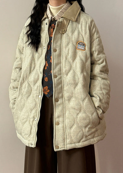 Loose Light Beige Peter Pan Collar Drawstring Faux Leather Patchwork Coat Winter