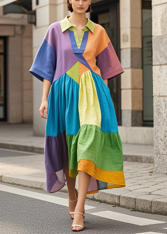 Multicolor Oversized Patchwork Cotton Holiday Dress Summer